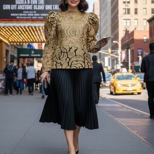 #A041- N BY NANCY Romantic  Gold Floral  Mesh Top with Puff Sleeves NWT  XL